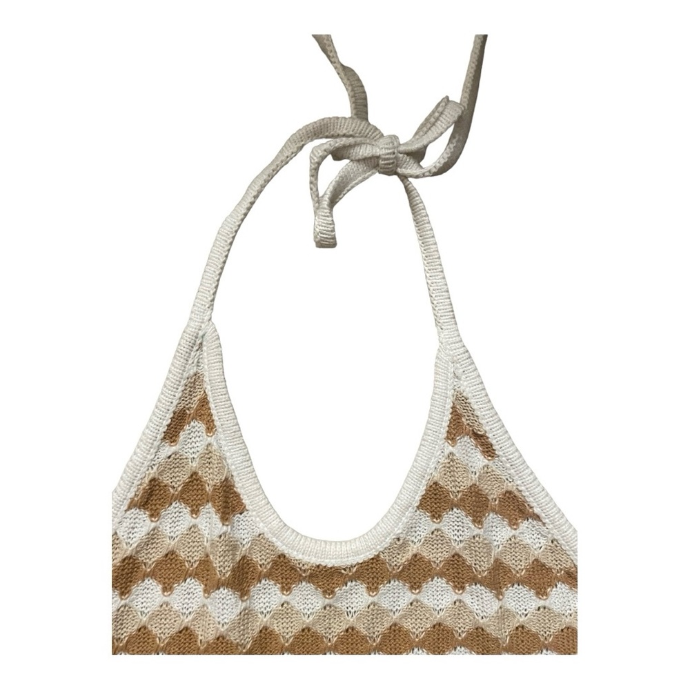 Boho Tan & White Crochet Knit Halter Crop Top | Festival-Ready Summer Must-Have